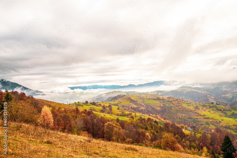 Beautiful nature of the carpathians in the hills of the sky, forests and a small village