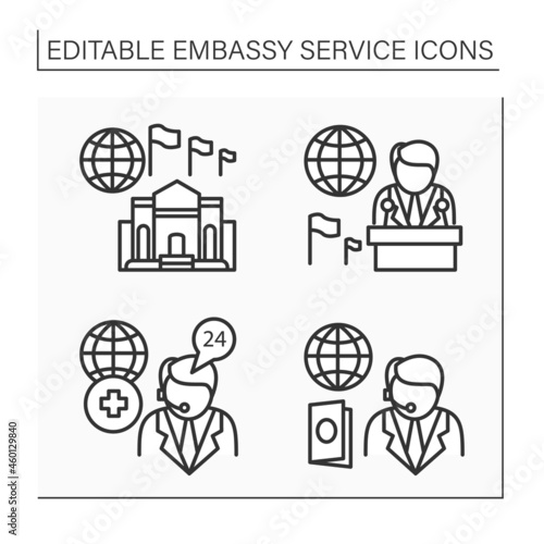 Embassy service line icons set. Ambassador, medical and passport assistance, high commission. Diplomation mission concept. Isolated vector illustrations. Editable stroke photo