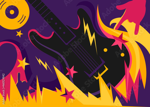 Rock music banner with electric guitar. Placard design in flat style.