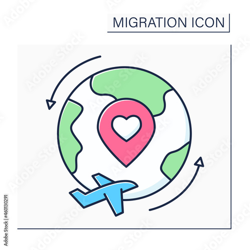 Repatriation color icon. Returning voluntarily or forcibly to place of origin or citizenship. Restoring to homeland. Migration concept. Isolated vector illustration
