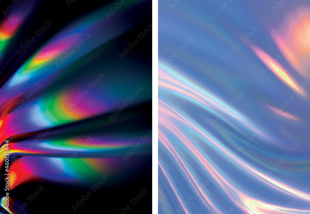 Modern Abstract Holographic Shapes Backgrounds Set with Holographic Wave Texture. 3D Render. Applicable for Gift Card, Cover, Poster, Brochure, Magazine, Social Media, Web Banner.
