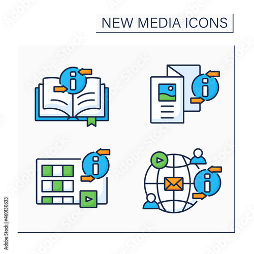 New media color icons set. Book, brochure, movies, social networks. Information space concept. Isolated vector illustration