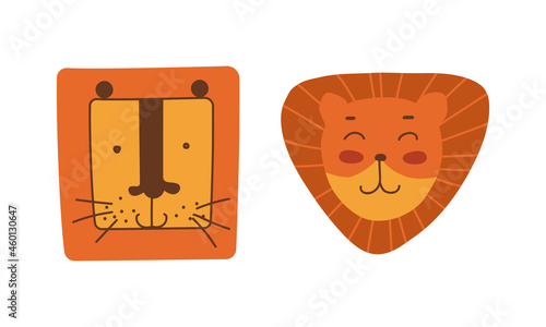 Funny Lion Snout as African Animal with Mane Doodle Vector Set