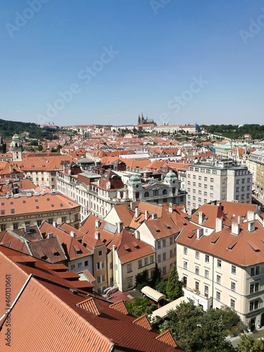 Red tiled roofs of historic architecture buildings in the old town of Prague, Czech Republic