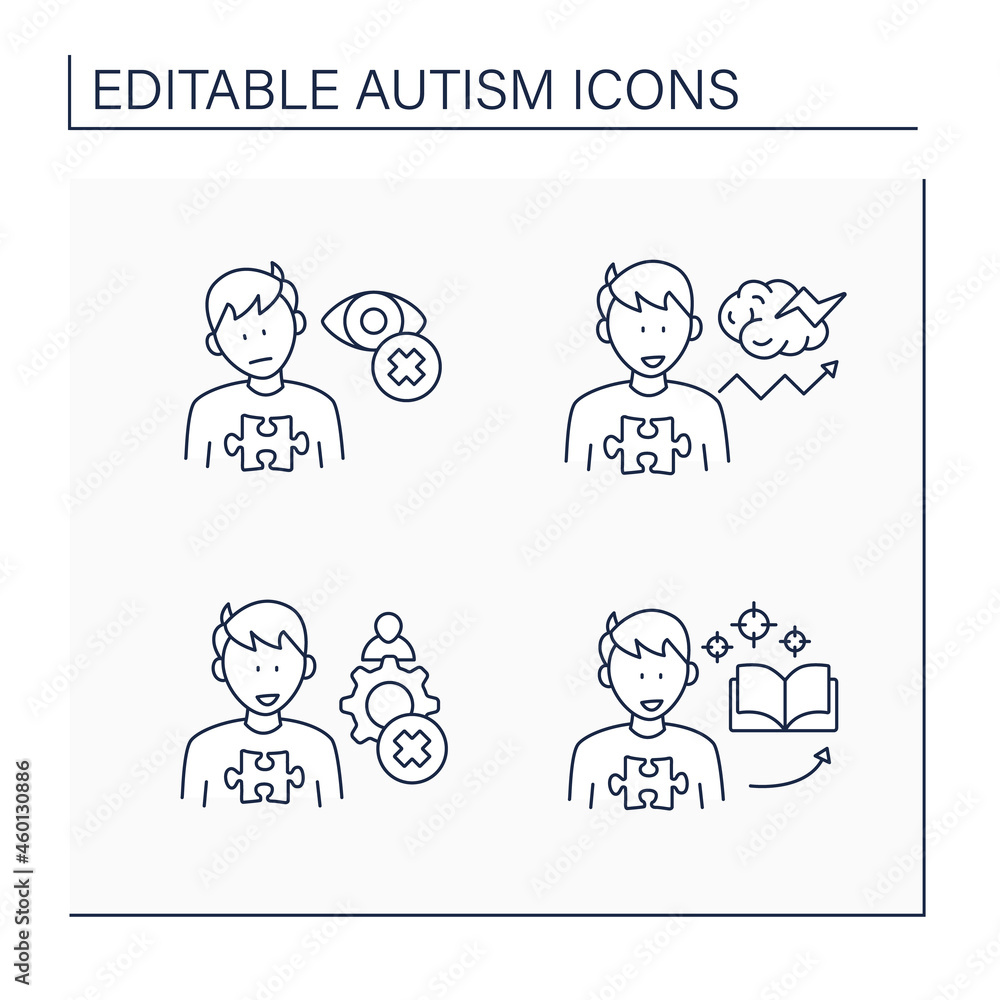 Autism spectrum disorder line icons set.Inappropriate social interaction, eye contact avoidance, focus on one topic.Neurodevelopmental disorder concept. Isolated vector illustration.Editable stroke Autism spectrum disorder line icons set.Inappropriate social interaction, eye contact avoidance, focus on one topic.Neurodevelopmental disorder concept. Isolated vector illustration.Editable stroke