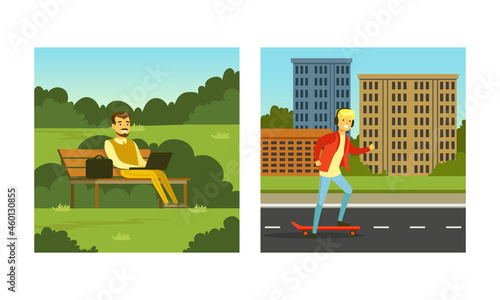 Man Enjoying Outdoor Walk Sitting on Bench with Laptop in the Park and Skateboarding Along the Alley Vector Set