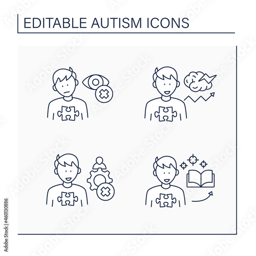 Autism spectrum disorder line icons set.Inappropriate social interaction, eye contact avoidance, focus on one topic.Neurodevelopmental disorder concept. Isolated vector illustration.Editable stroke