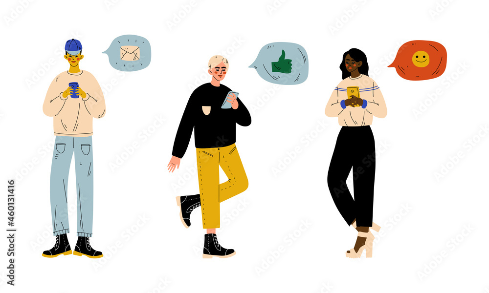 Young Man and Woman with Smartphone Engaged in Social Media and Online Networks Communication Vector Set