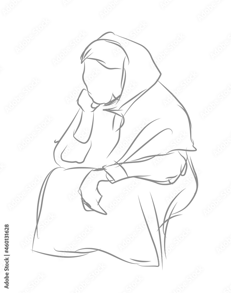 Old woman sitting wearing traditional clothes. Sketch hand drawn pencil strokes style vector illustration isolated on white background.