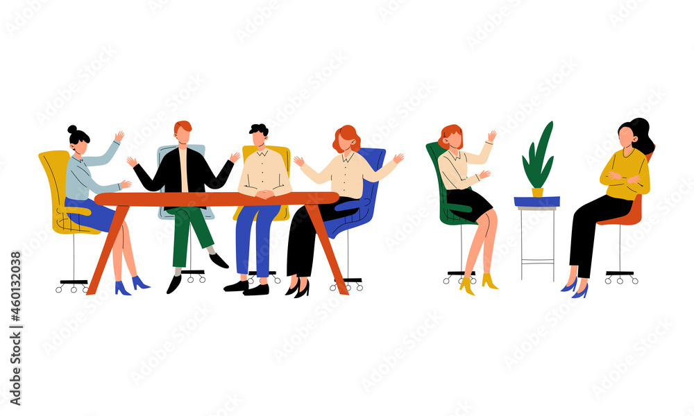 Man and Woman Office Worker Sitting at Desk and Discussing Business Vector Set Man and Woman Office Worker Sitting at Desk and Discussing Business Vector Set