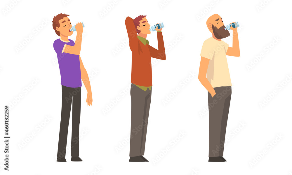 Fototapeta premium People Character Standing and Drinking Water from Plastic Bottle Vector Set