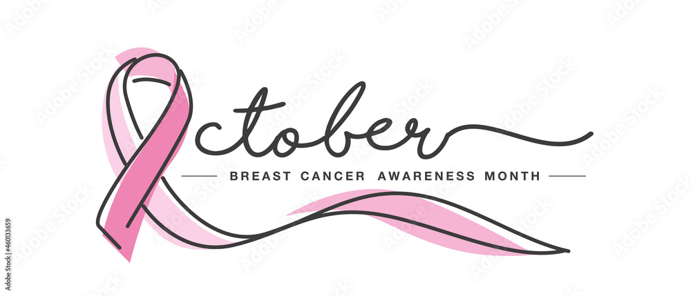 October Breast cancer awareness month handwritten typography creative pink ribbon symbol line design vector illustration banner - obrazy, fototapety, plakaty 