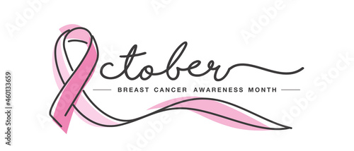 October Breast cancer awareness month handwritten typography creative pink ribbon symbol line design vector illustration banner photo