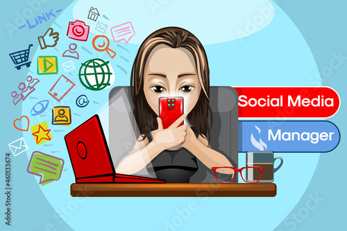 Illustration of a pretty girl with a phone in hand working as Social Media Manager.