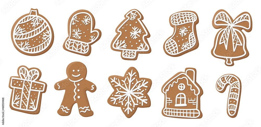 A set of ten gingerbread cookies of different shapes. Vector illustration. A set of ten gingerbread cookies of different shapes. Vector illustration.