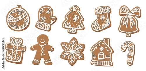 A set of ten gingerbread cookies of different shapes. Vector illustration.