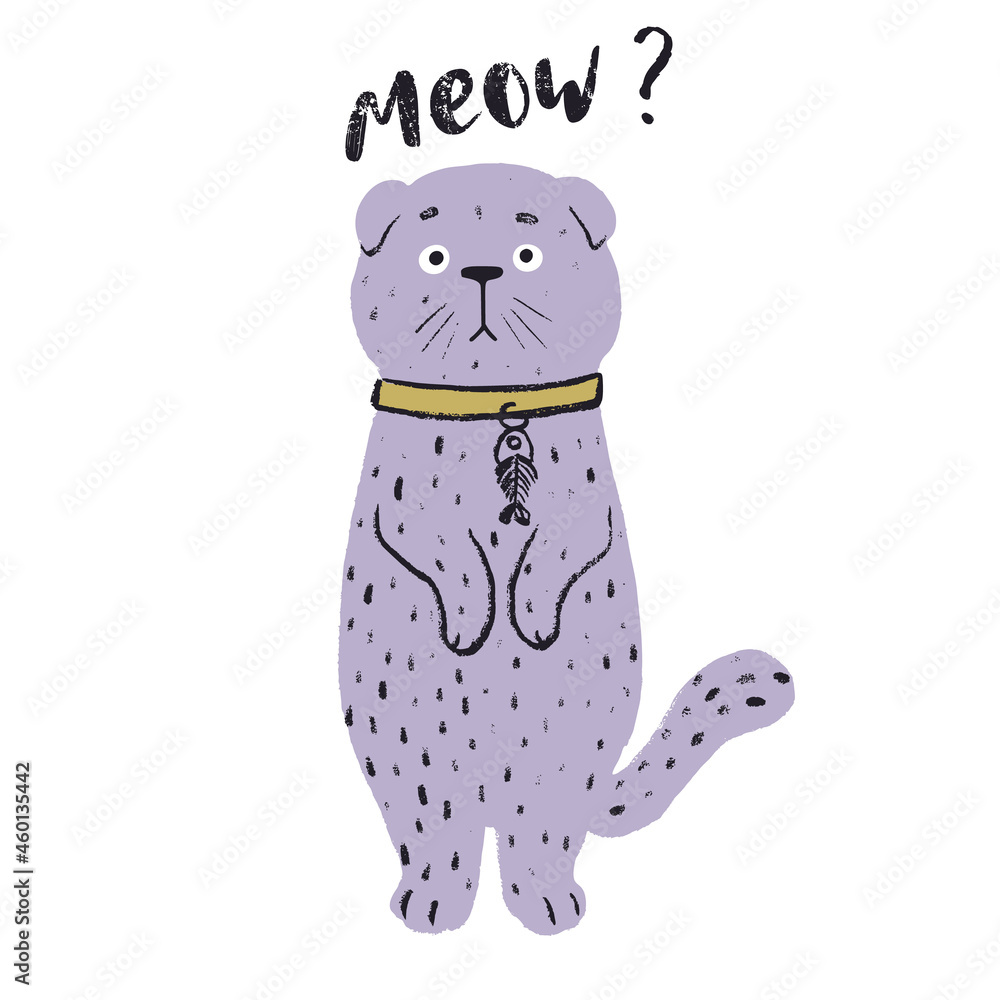 Obraz premium Cute funny hand drawn cat print. Kids and baby fashion design. Doodle cat character. Fluffy pet.