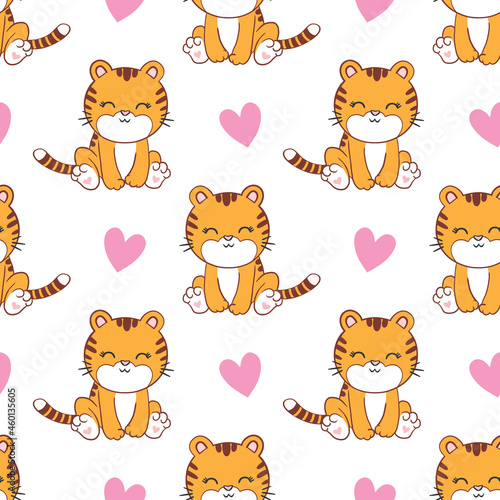 Muzzle of tigers, hand drawn backdrop. Colorful seamless pattern with muzzles of animals.