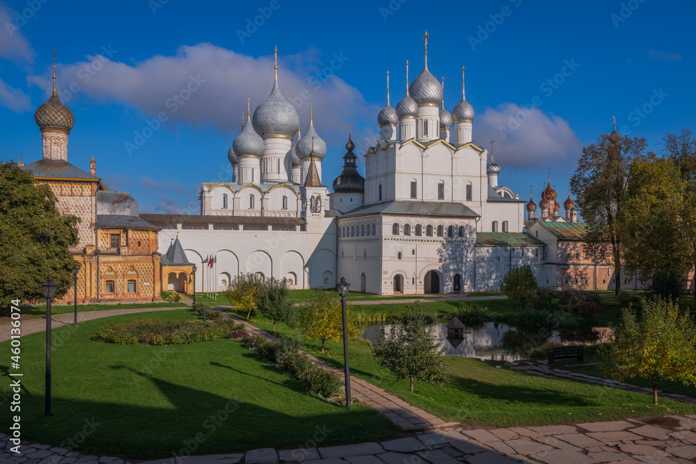 View of the Church of the Resurrection, the gate to Cathedral Square, the domes of the Assumption Cathedral from the pond in the Vladychy Dvor of the Rostov Kremlin, Rostov Veliky, Yaroslavl region