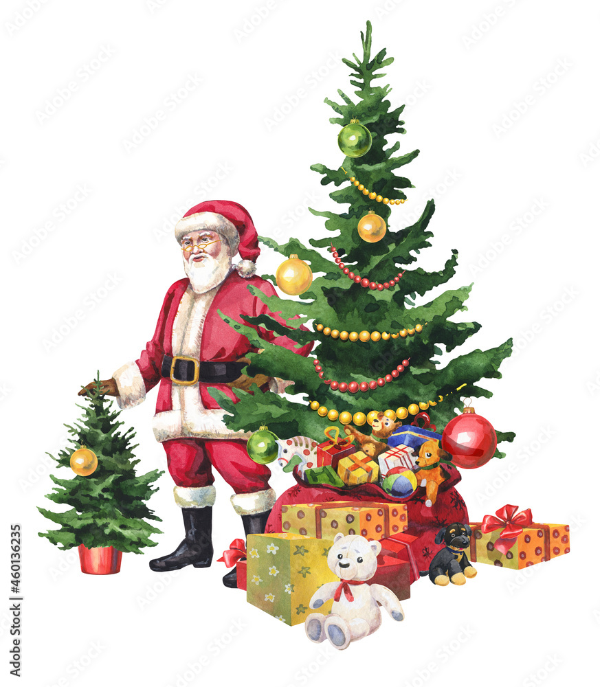 Watercolor santa claus with christmas tree and gifts Watercolor santa claus with christmas tree and gifts