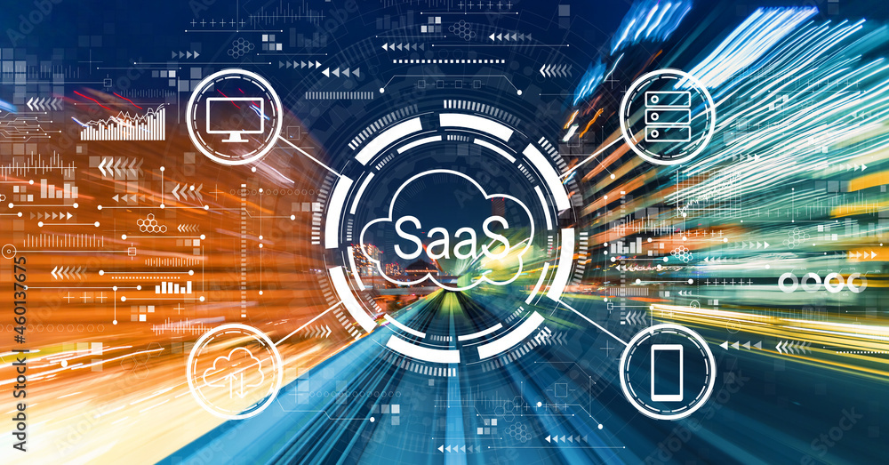 SaaS - software as a service concept with abstract high speed technology motion blur