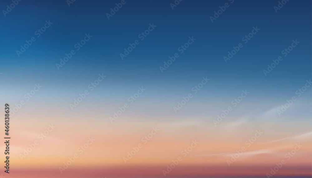 Colourful sky in blue, orange, purple pastel with cloud,Background Dramatic twilight landscape with Sunset in evening,Vector horizon Sunrise in Morning banner of Sunlight for four season backdrop