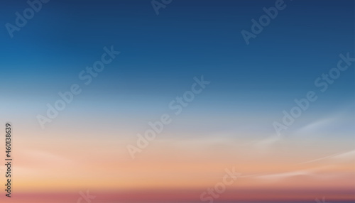 Colourful sky in blue, orange, purple pastel with cloud,Background Dramatic twilight landscape with Sunset in evening,Vector horizon Sunrise in Morning banner of Sunlight for four season backdrop
