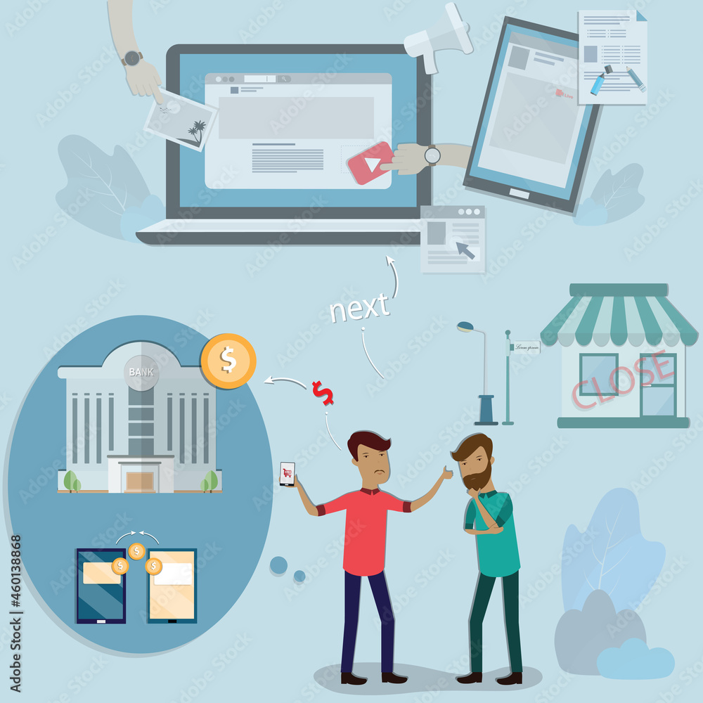 Flat of business concept,Young man try to recovery his shop and used the advice from his advisor - vector Flat of business concept,Young man try to recovery his shop and used the advice from his advisor - vector