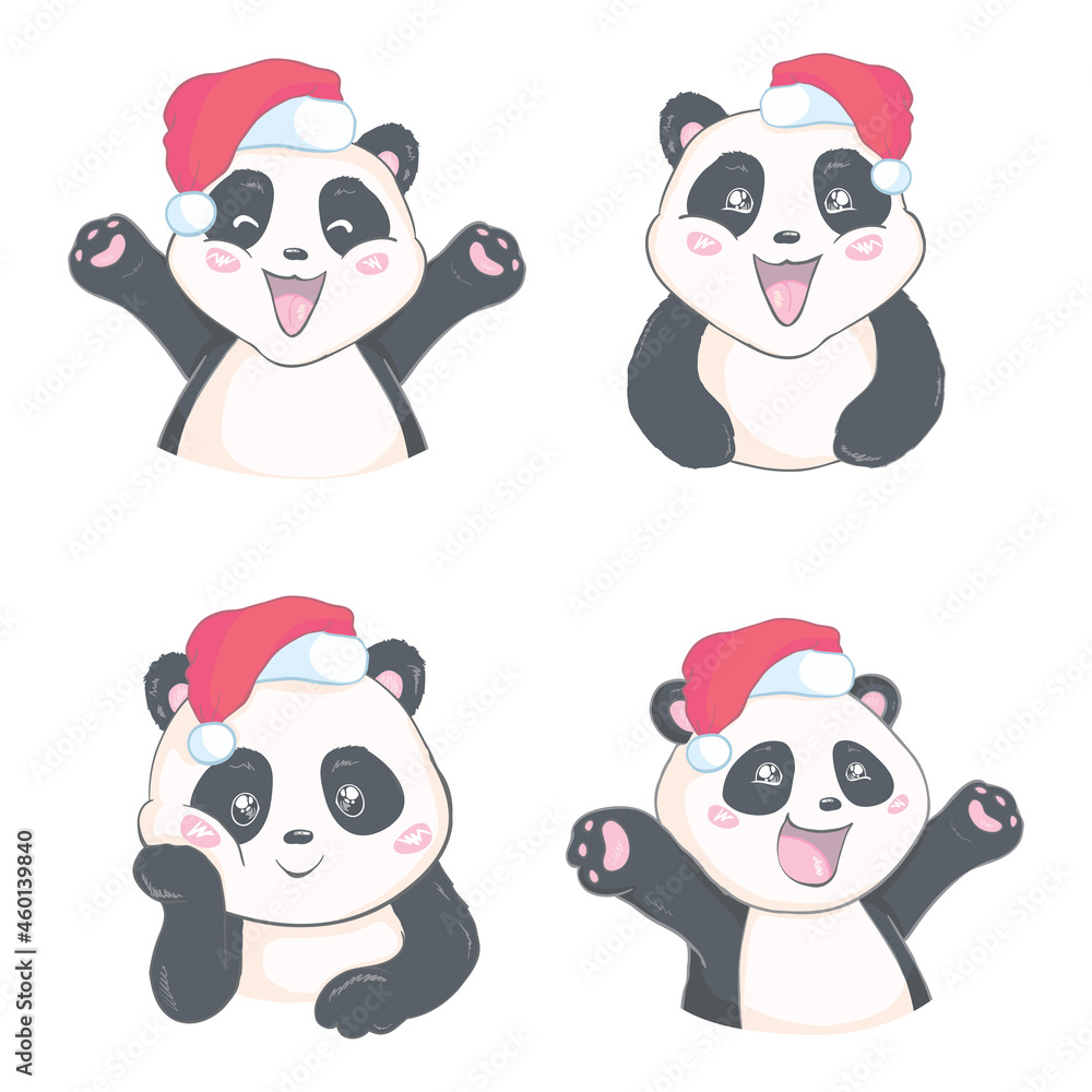 Cartoon panda. Cute panda bear, happy baby animals, lazy funny chinese bears posing.