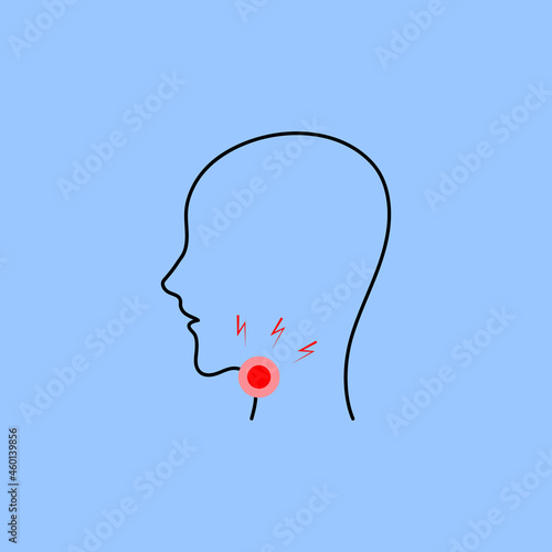 illustration of a sore throat in a person. the problem of angina, tonsillitis, patients with inflamed glands. a red dot on the place of pain, lightning shows pain. a symptom of the virus, flu and cold