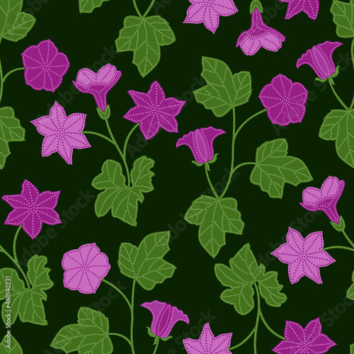 purple floral seamless pattern. batik ditsy pink purple violet lilac petunia and pumpkin flowers in summer spring autumn garden for textile  fabric  print  etc.