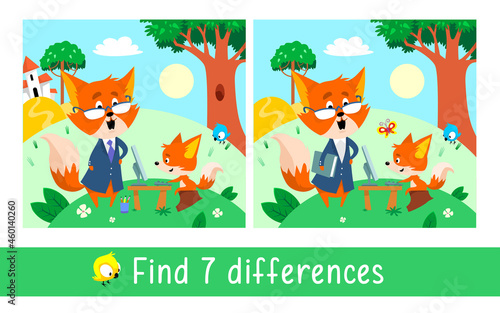 Forest school for foxes. Find 7 differences. Game for children. Activity  vector.