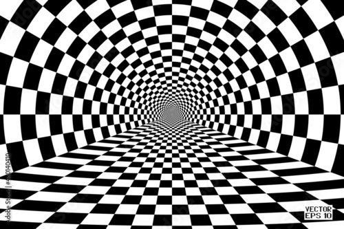Abstract Black and White Pattern with Tunnel. Contrasty Optical Psychedelic Illusion. Smooth Checkered Spiral and Chessboard in Perspective. Vector. 3D Illustration