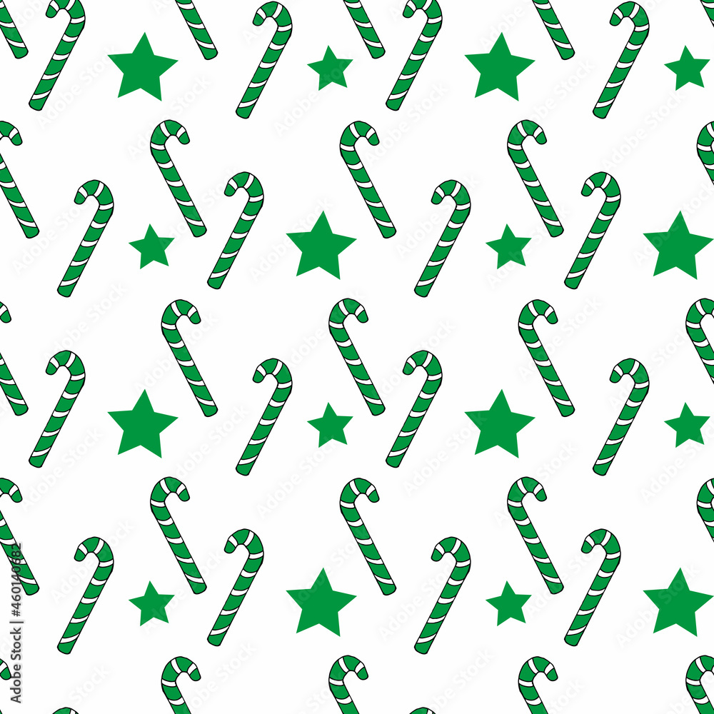 Seamless pattern with christmas candies and green stars on white background. Vector image. Seamless pattern with christmas candies and green stars on white background. Vector image.