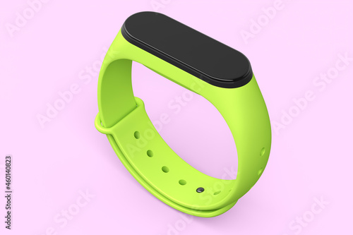 Green fitness tracker or smart watch with heart rate monitor isolated on pink