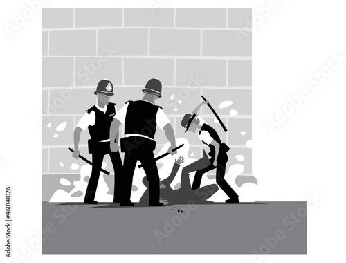 Police violence. A pack of angry cops beats a man. Vector image for prints, poster and illustrations.