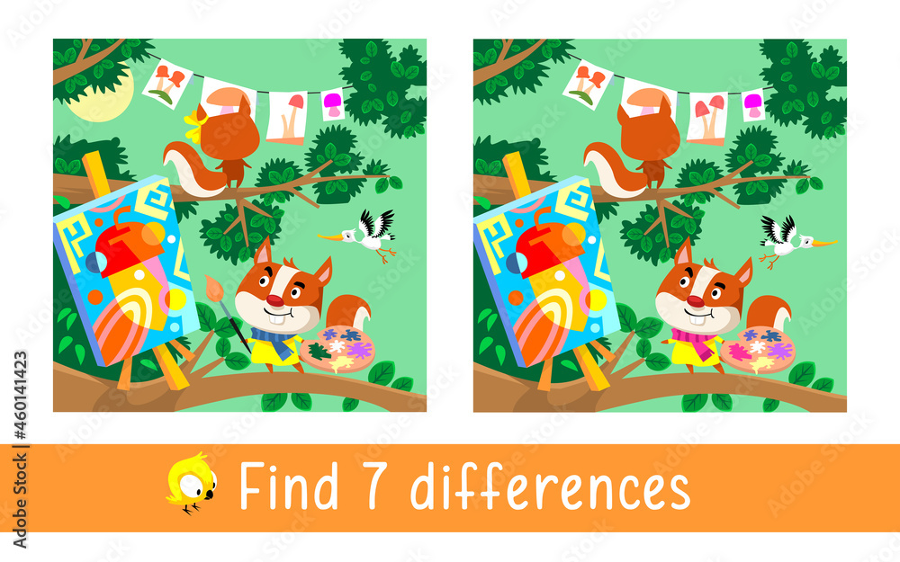 Naklejka premium Forest painting school for squirrels. Find 7 differences. Game for children. Activity, vector.