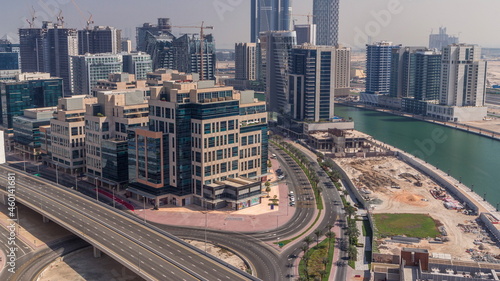 Photography Bay Square district timelapse with mixed use and low rise complex office buildin