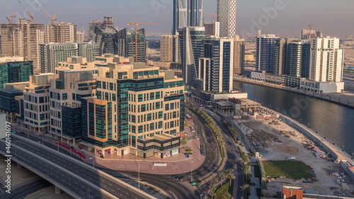 Bay Square district timelapse with mixed use and low rise complex office buildings located in Business Bay in Dubai
