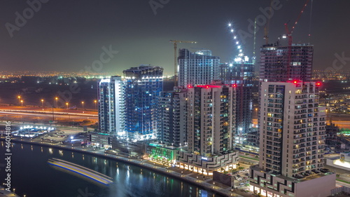Towers at the Business Bay aerial all night timelapse in Dubai, United Arab Emirates © neiezhmakov