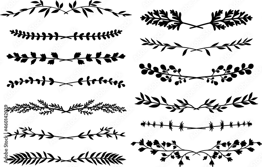 Obraz premium 植物や葉っぱのライン線画セット ベクター素材