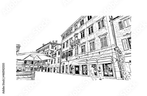 Building view with landmark of Kotor is the town in Montenegro. Hand drawn sketch illustration in vector.