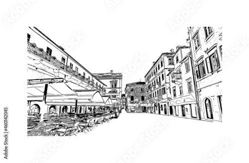 Building view with landmark of Kotor is the  town in Montenegro. Hand drawn sketch illustration in vector.