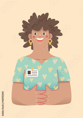 conseillère assistante sociale professeur clientèle écoute discussion femme adulte sourire badge identité