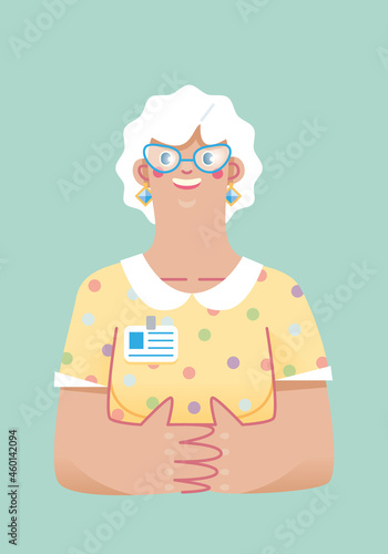 retraite bénévole thérapeute psychologue écoute discussion femme âgée senior cheveux blancs lunettes sourire badge identité 