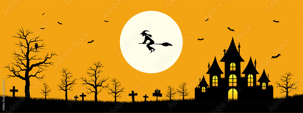 Happy Halloween template banner background, Design with the Castle, Witch, bat and full moon on Orange color Background, Vector illustration