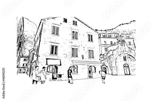 Building view with landmark of Kotor is the town in Montenegro. Hand drawn sketch illustration in vector.