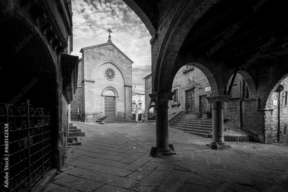 Obraz premium Church and complex in the medieval town of Viterbo, bw photo