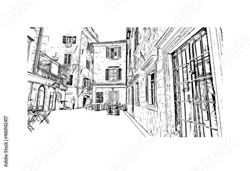 Building view with landmark of Kotor is the town in Montenegro. Hand drawn sketch illustration in vector.