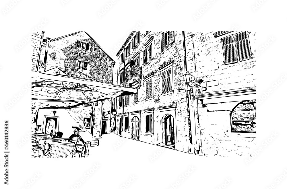 Building view with landmark of Kotor is the 
town in Montenegro. Hand drawn sketch illustration in vector.